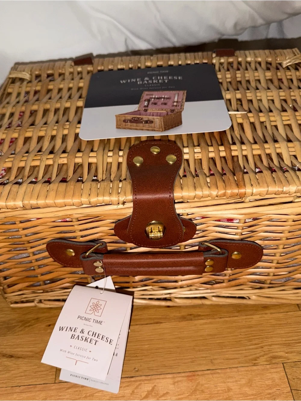 Classic Wicker Wine & Cheese Picnic Basket - Red Gingham Lining